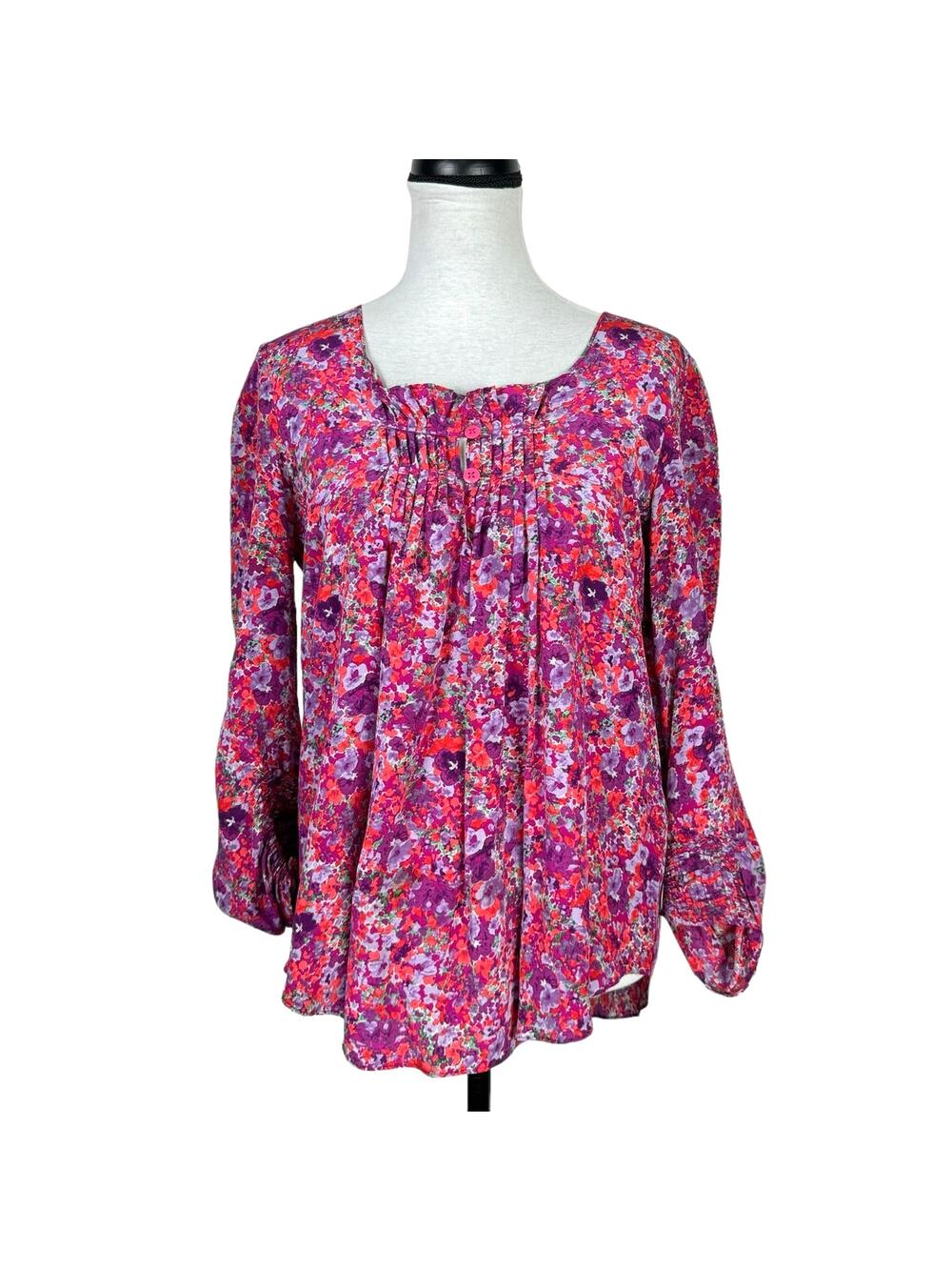 Rebecca Taylor Purple & Pink Floral 100% Silk Pleated Ruffle Flowing Blouse